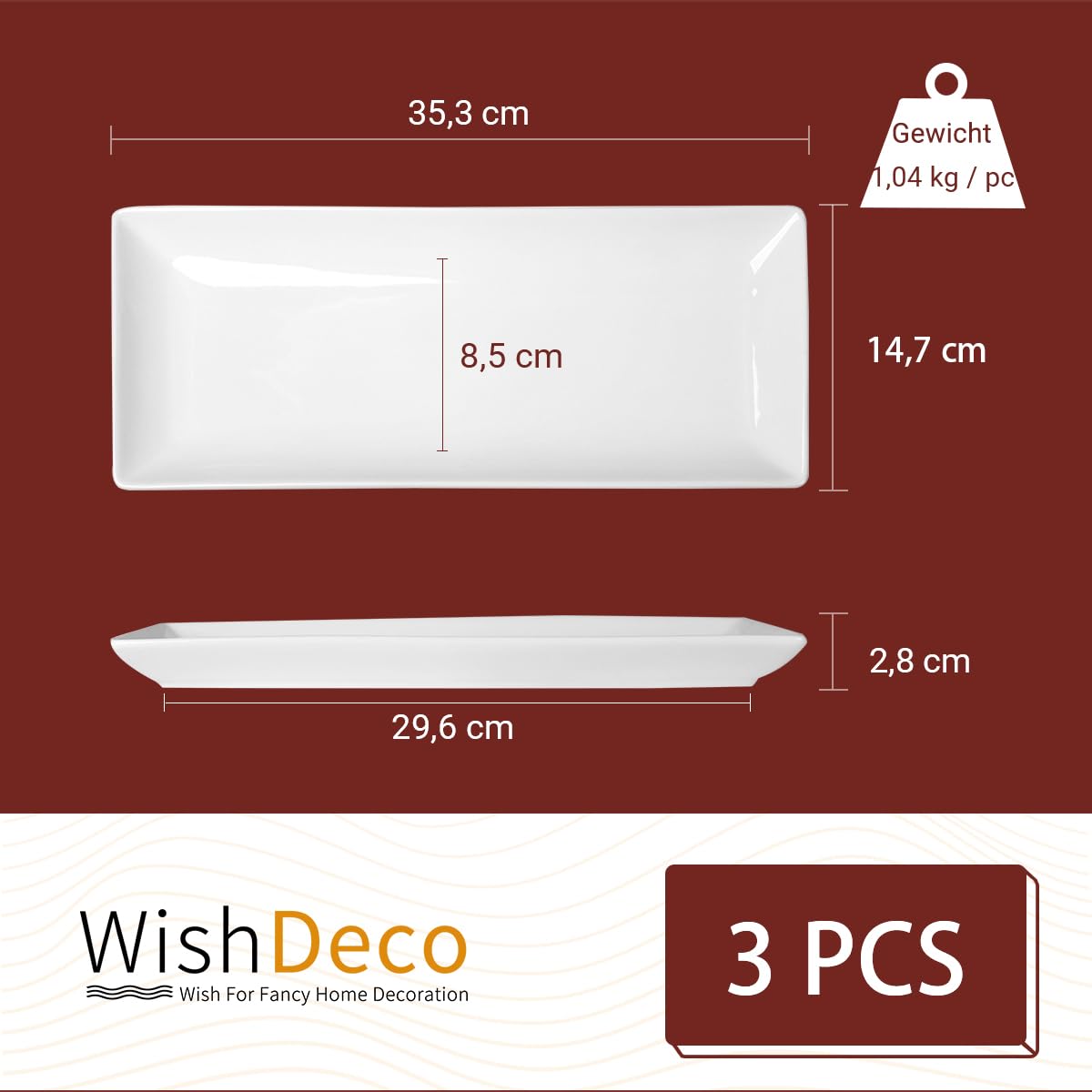 WishDeco Servierplatte 3er Set, Servierplatten Porzellan 35x15 cm, Servierteller Groß, Kuchenplatte Rechteckig, Teller Weiß für Kuchen, Sushi, Dessert, Fleisch, Fisch