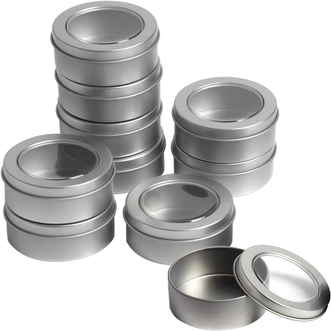 Ira Pollitt 10 Pack Metal Tin Cans Round Empty Container Empty Tins Spice Tins Refillable Containers with Clear Top for Kitchen, Office, Candles