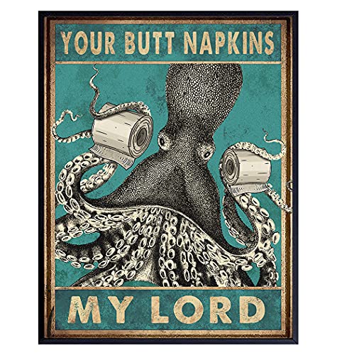 Octopus Nautical Bathroom Decor - LARGE 11X14 - Butt Napkins - Beach Bathroom Decor - Funny Bath Wall Art - Guest Bath Decorations - Toilet Paper Wall Art - Restroom Sign - Powder Room Picture