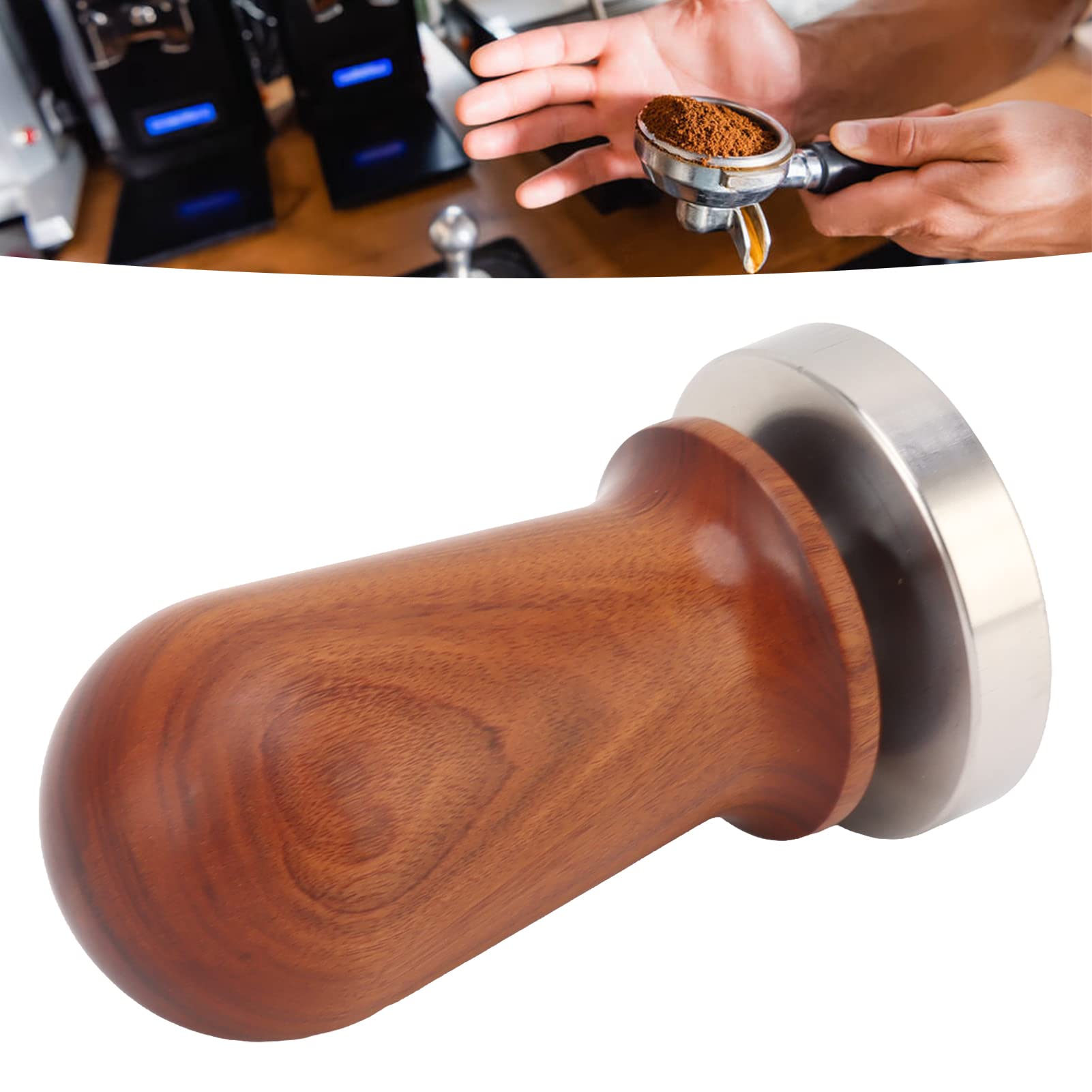 Pressino per caffè con base piatta in acciaio inossidabile Manico in legno Pressa per caffè in polvere (53 mm)