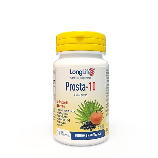 LongLife® Prosta-10 | Integratore di serenoa titolato all'85% in acidi grassi liberi | Con estratti vegetali e vitamine | Prostata e vie urinarie | 1 mese di trattamento | Senza glutine