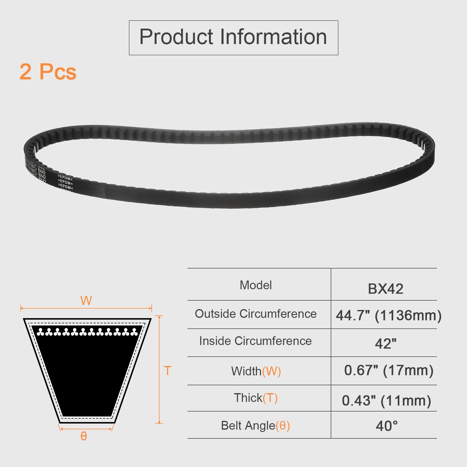 QUARKZMAN 2pcs Courroie Trapézoïdale Crantée à Bords Bruts BX42, Circonférence Intérieure 42" Largeur 17mm Épaisseur 11mm, Courroie d'Entraînement Industrielle EPDM pour Système Transmission