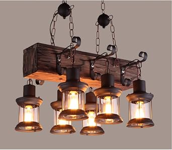 Farmhouse Style Dark Distressed Wood Beam Large Linear Island Pendant Light 6-Light Chandelier Lighting Hanging Ceiling Fixture 511210