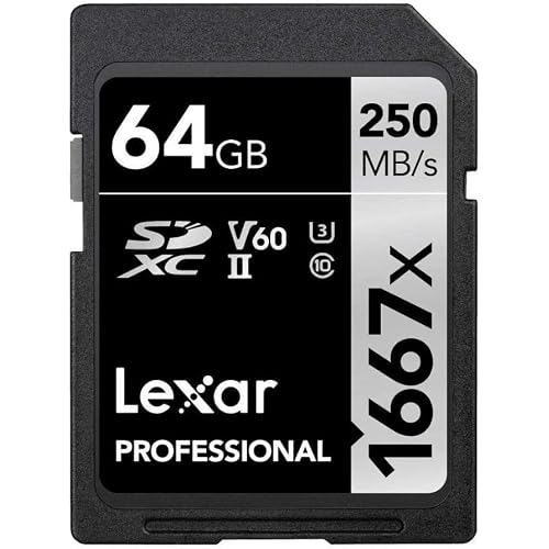 Lexar 64GB Professional 1667x SD Card, UHS-II, C10, U3, V60, Full HD, 4K, Up To 250MB/s Read SDXC Memory Card, for Professional Photographer, Videographer, Enthusiast (LSD64GCBNA1667) | U3, C10). Read Up to 250MB per S, Write Up to 120MB per S. Model LSD64GCBNA1667