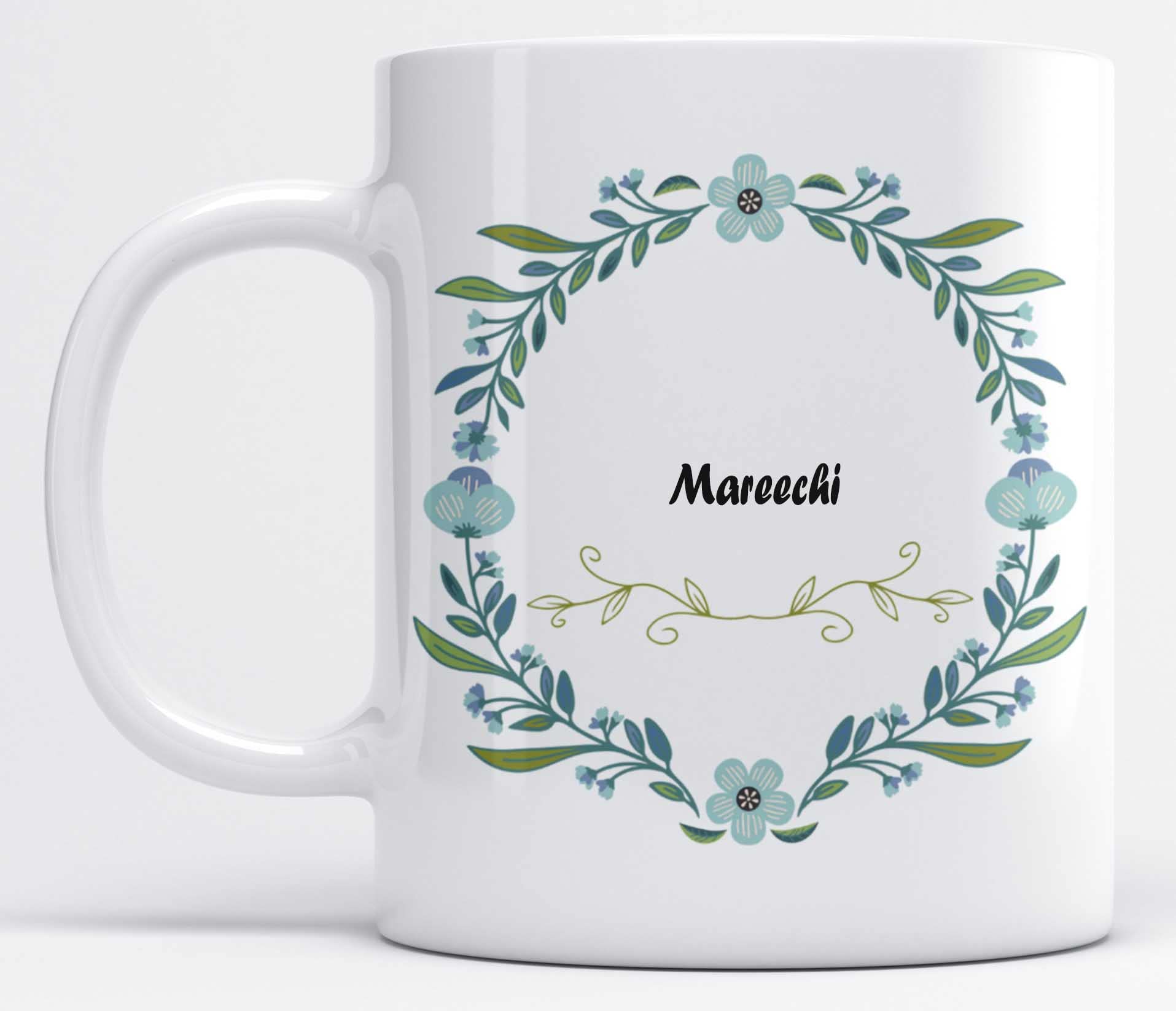 LOROFY Name Mareechi Printed Beautiful Blue Floral Design White Ceramic Coffee Mug (350ML)