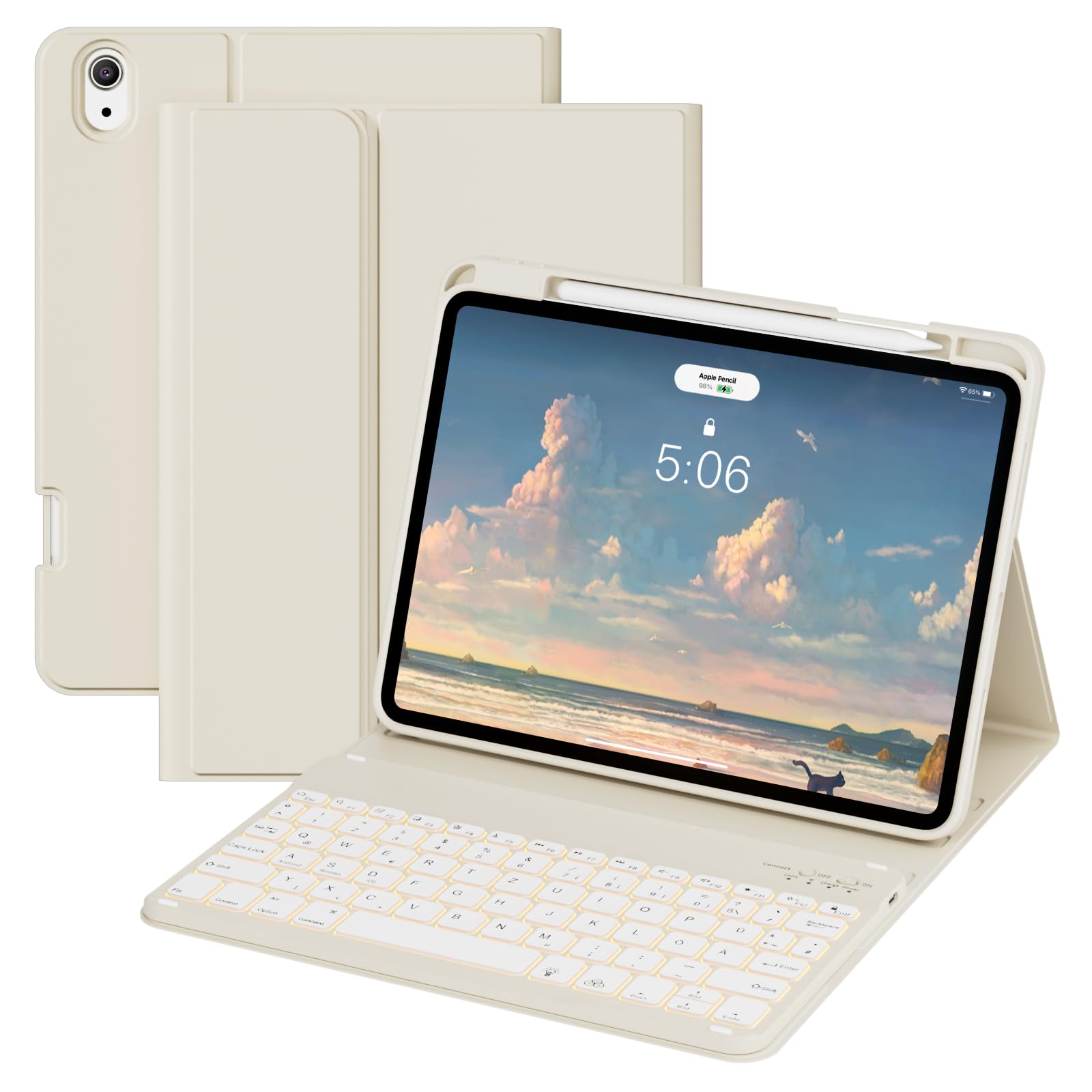 GKABXY Hülle mit Tastatur für iPad A16 11 Generation 2025/10 Generation 2022 (11/10.9 Zoll) 7 Farben Beleuchtete Magnetische Abnehmbare Tastatur hülle mit Stifthalter für iPad 11./10. Gen, Cremeweiß