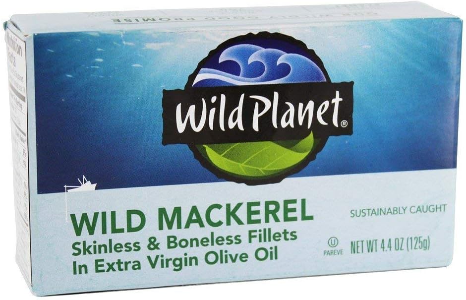 Wild Planet Wild Mackerel Fillets in Organic Extra Virgin Olive Oil, Skinless & Boneless, Tinned Fish, 4.4 Ounce ( Pack of 12)