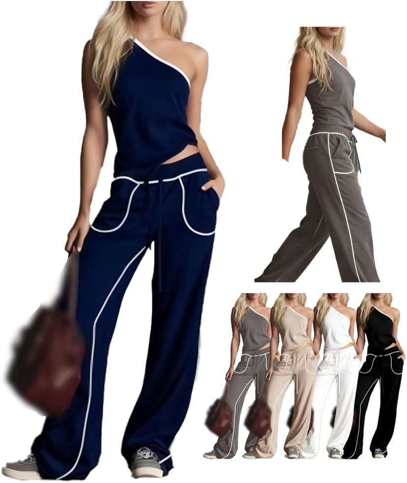 Casual Sporty Sleeveless Top And Pants Set, Women Slanted Neckline Color-blocked Suit Two Piece Sets Spring Summer Travel