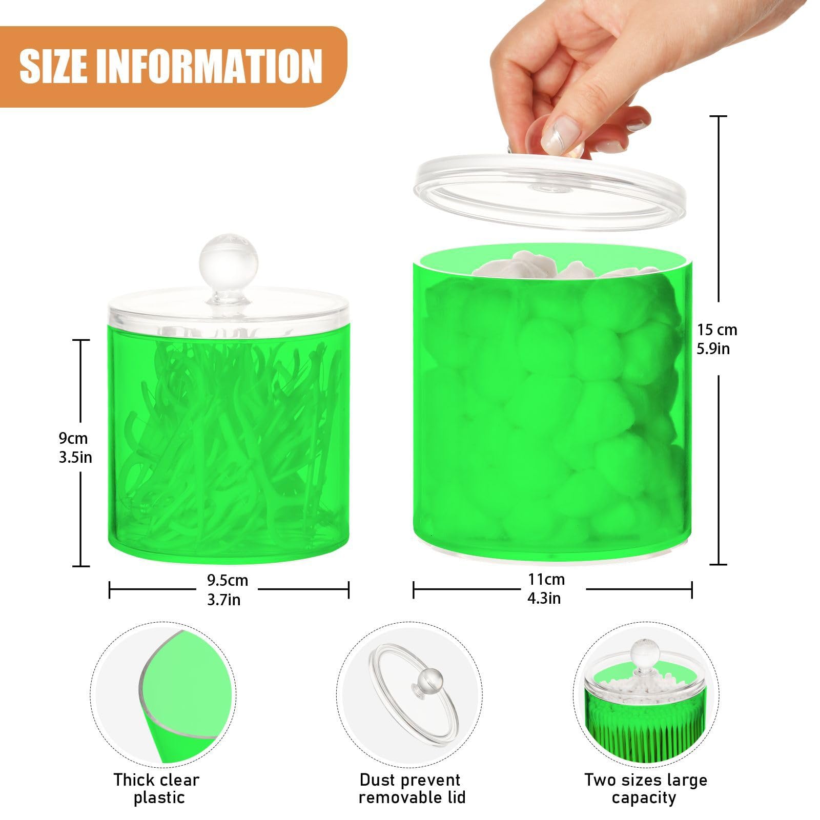 DOMIKING Neon Green 2 Pack Bathroom Canisters Cotton Swab Holder Dispenser Plastic Cotton Ball Jar Acrylic Storage Containers for Cotton Ball Cotton Round Pads Cotton Swab