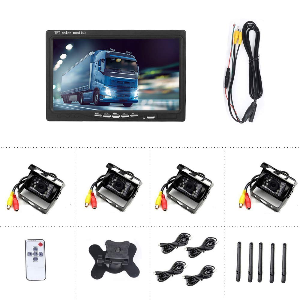 Zestaw kamery cofania z 7-calowym monitorem LCD i szerokokątną kamerą cofania 120°, wodoszczelność IP67, widoczność w nocy 18IR, bezprzewodowa kamera cofania do samochodów ciężarowych, przyczep, autobusów, vanów, rolnictwa (12-24 V)