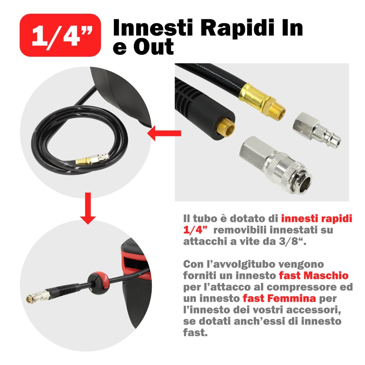STI Avvolgitubo automatico per aria compressa 20m da Parete con Box e fissaggio a parete Tubo Aria 17 bar con attacchi rapidi da 1/4 di pollice e tubo da 3/8