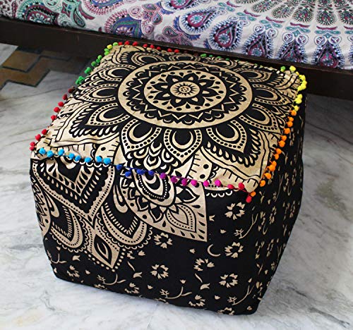 Craft Kala Square Mandala Meditation Floor Pillows Seating For Hippie Decorative Adults Bohemian Circle Floor Cushion Outdoor Living Room Throw Ottoman Poufs Cover (22X22X14 Inches, Black Gold Flower) #TOP1