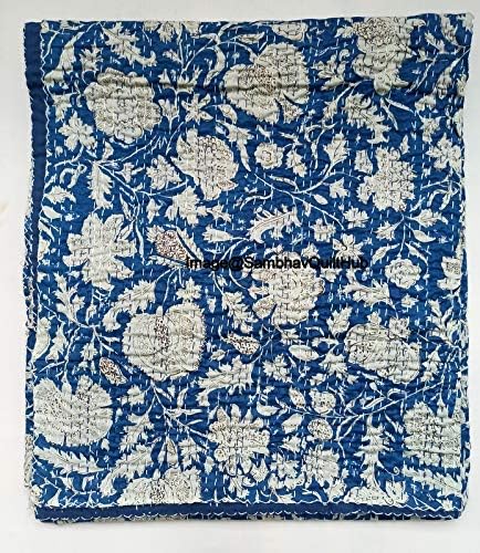 Blue Handblock Floral Print Handmade Cotton Kantha Quilting Boho Bedding Throw Blanket Hippie Queen/King Size Bohemian Block Kantha Quilt (90X108 inches (Double/Queen))