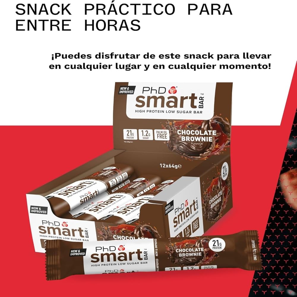 PhD Nutrition Smart Bar barritas de proteína 12x64g Brownie de chocolate - Snack proteico con 20g de proteína y bajo en azúcar para una buena macronutrición
