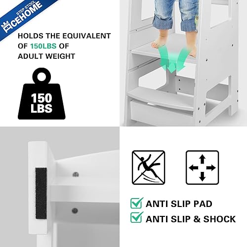 Miniatura 5 de Taburete de cocina para niños pequeños, torre para niños pequeños con riel de seguridad, taburete para encimera de cocina, altura ajustable,