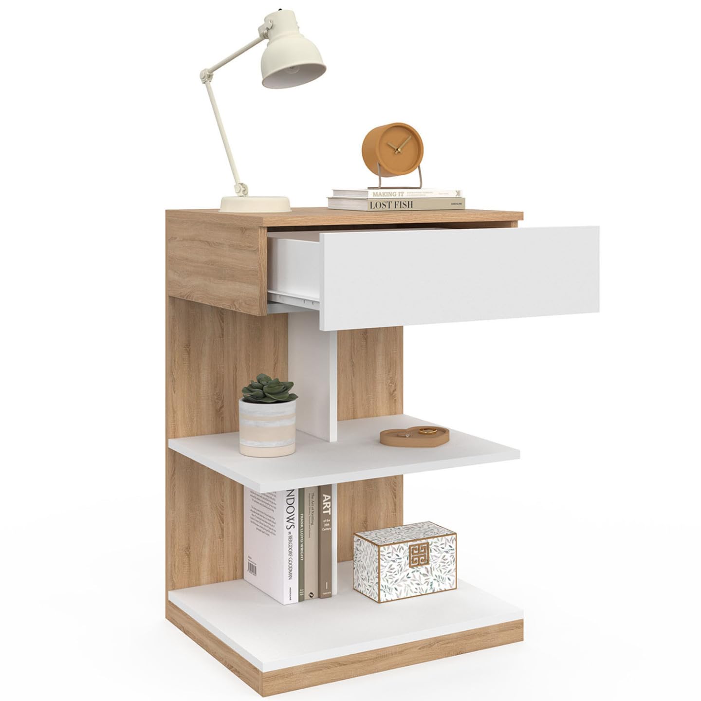 Lot de 2 tables de chevet murales TOMI 1 tiroir + 1 tablette étagère suspendue + 1 tablette façon hêtre et blanc - Achat & prix