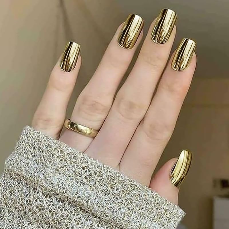 Gold Press on Nails Short Square Fake Nails Gold Chrome False Nails Mirror Design Glossy Glue on Nails Metallic Full Cover Acrylic Stick on Nails