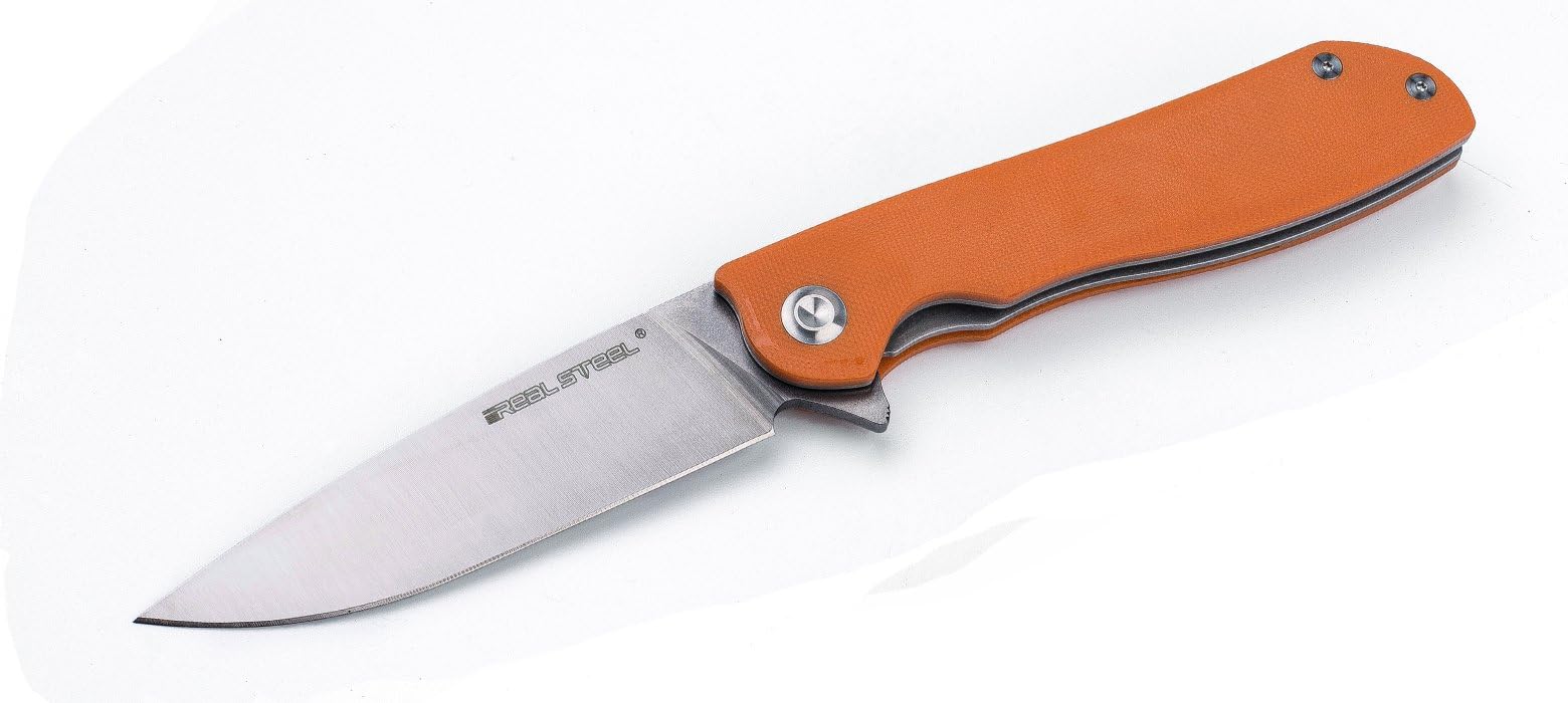 Real Steel RSK E801 Megalodon '101 safety' liner lock folding knife ball bearing system flipper long blade hidden lanyard hole(Orange)