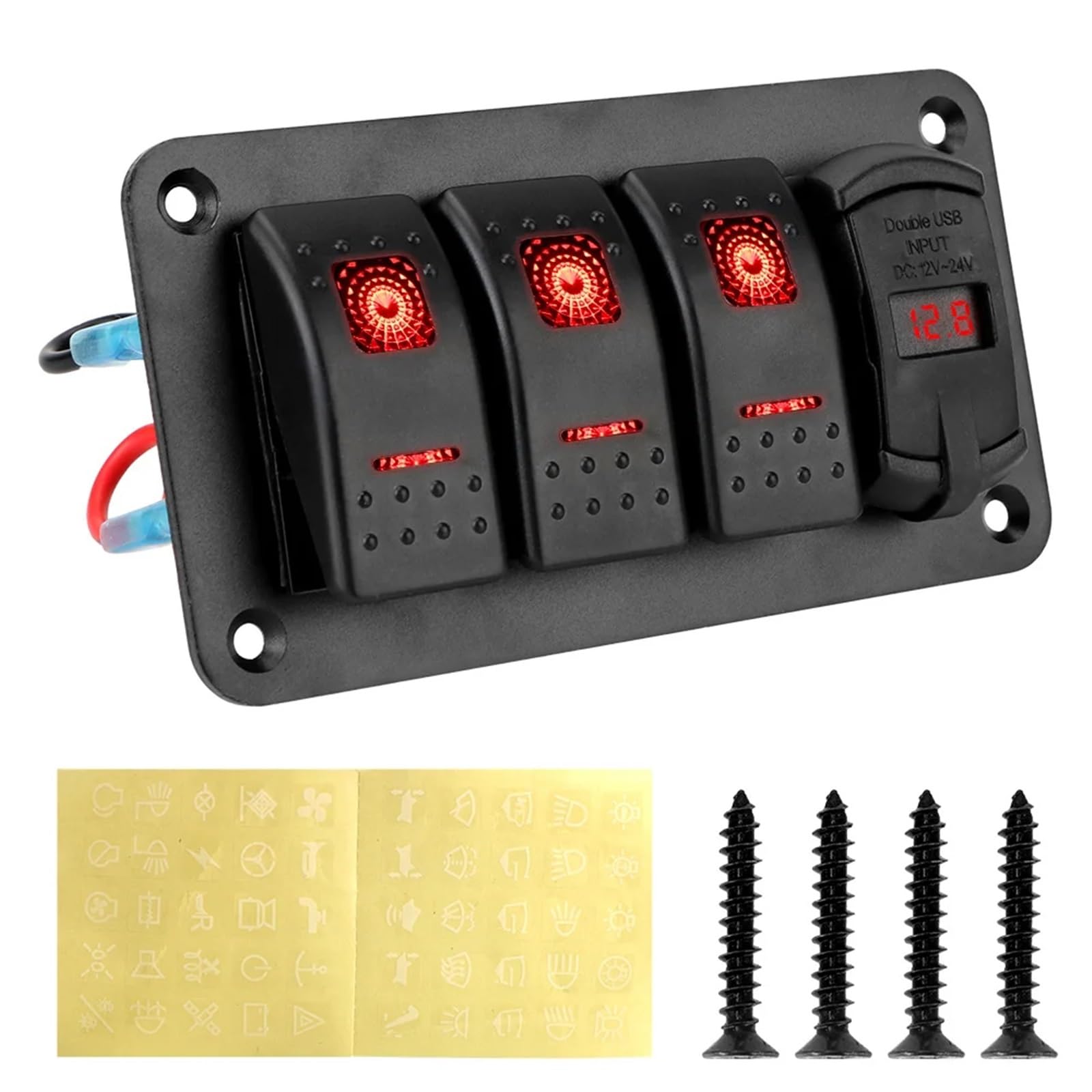 Panel de interruptores de 24 V y 12 V con 3 botones, luz de palanca for coche, cargadores USB, comprobador de 3 voltios, accesorios for barco, caravana, camión, remolque(Rot)