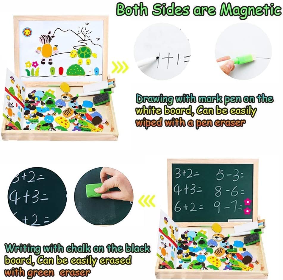 Image of PLUSPOINT Wooden Magnetic Multifunctional Double Sided Chalkboard Dry Erase Board with Chalk, Marker & Duster Educational Whiteboard Blackboard Drawing Toys Learning & Imagination Play for Kids