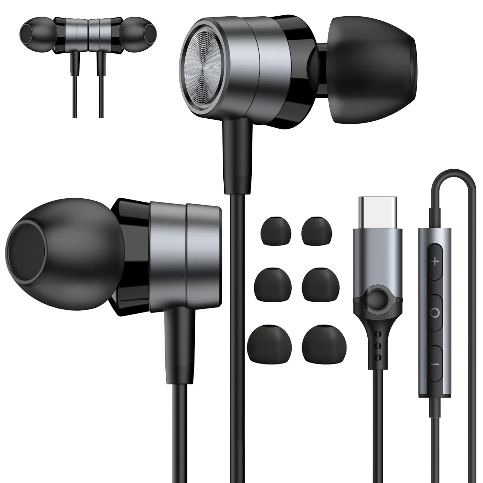 ENVEL Wired-Earbuds in-Ear-Headphones-with-Microphone, Earphones with HiFi Stereo Noise Isolation Wired Earphone, Lightweight, S/M/L Ear Bud Tips, 3.5mm Tangle-Free Cord (USB C Jack, Black&Grey)