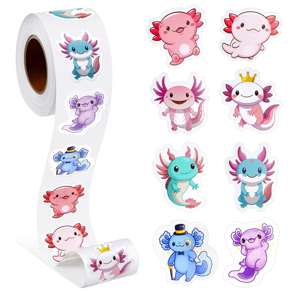 Zveniy Girls Multicolour 500Pcs Axolotl Stickers Roll - 1" Self-Adhesive Axolotl Labels 8 Patterns Reward Cute Cartoon Animal Decals For Kids Scrapbook Envelope Seals Party Favor Diy Craft