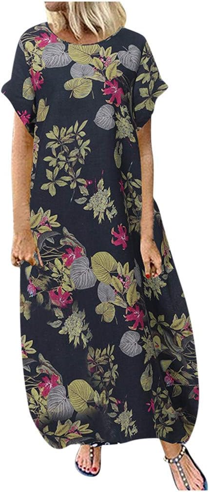 Starryflashing_Women Tops Women Plus Size O-Neck Floral Print Maxi Dress, Ladies Short Sleeve Loose Long Dress Party Dress
