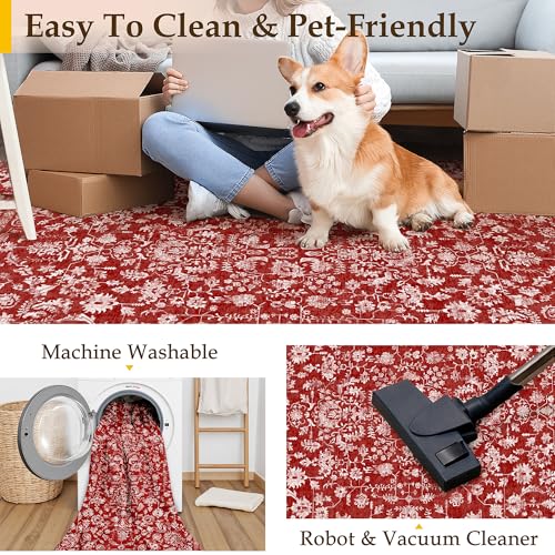 Christmas Runner Rug 2x6 Red Washable Hallway Carpet Retro Floral Holiday Decorative Non Slip Low Pile Soft Throw Long Xmas Rug for Kitchen Bedroom Bathroom