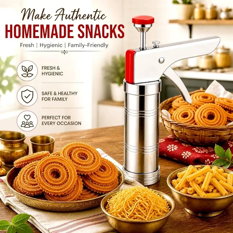 Image of Sev Maker Machine Stainless Steel with 15 Interchangeable Jali Discs, Hand Press Snack Maker, Murukku Maker, Chakli Press, Namkeen Maker for Home Kitchen