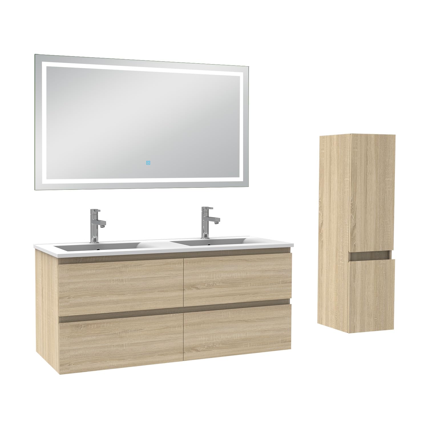 AICA Ensemble Meuble Salle de Bain 120cm Double Vasque avec Colonne et Miroir 3 Couleurs Chêne Wotan