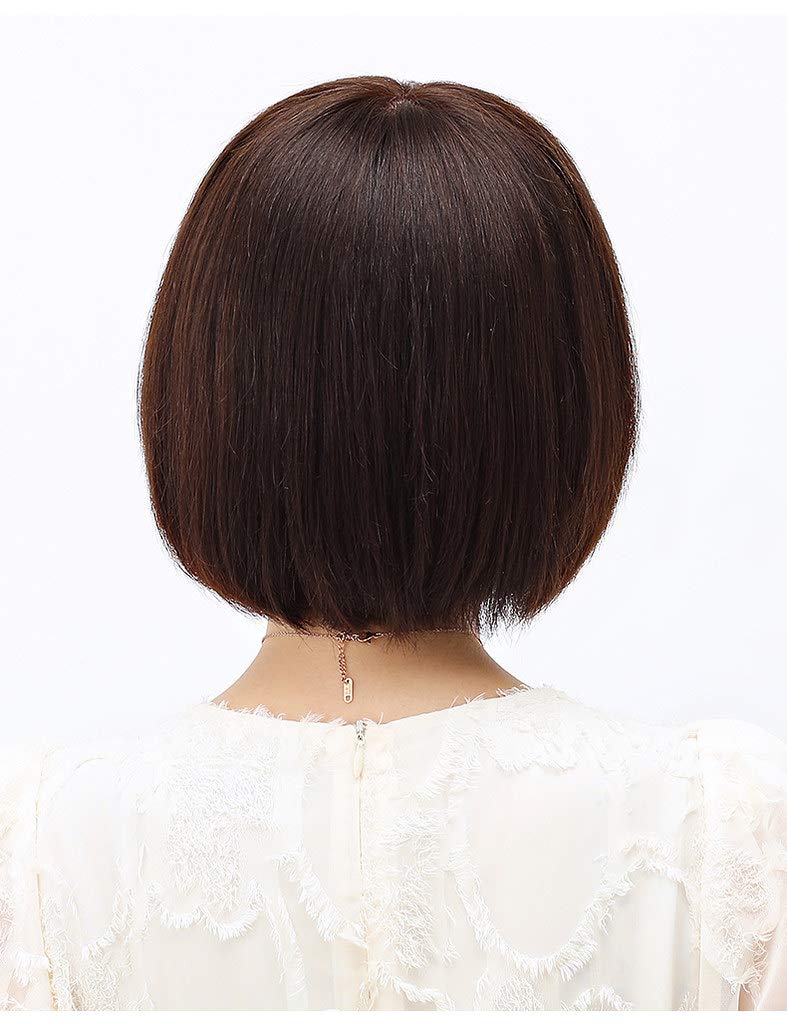 Short Bob Wig with Bangs for Women Real Human Hair Wig Neat Straight Wig Cap Wigs for Girls Silk Base 25cm Natural Black