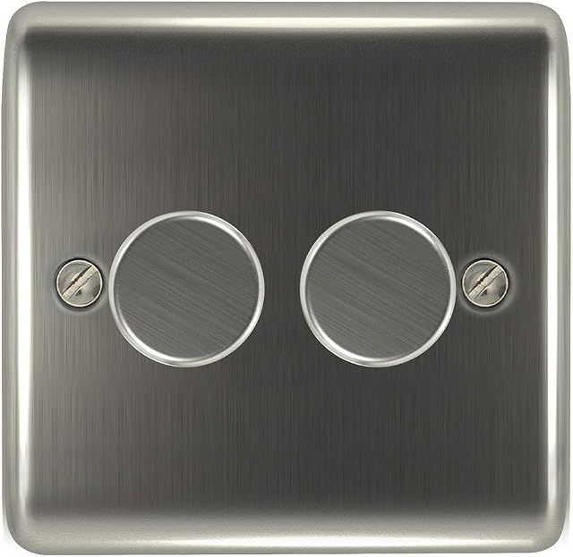 iolloi LED Dimmer Switch 2 Gang 2 Way, Push on/off Rotary Trailing Edge Dimmer Switch for Dimmable LED Incandescent Halogen Bulbs, Brushed Steel, 3-100W (1-10 LEDs) Wall Outlet