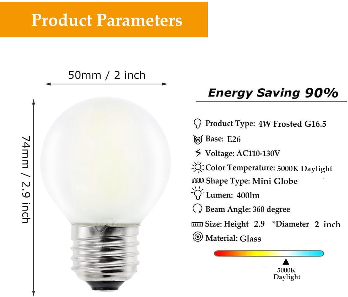 E26 Dimmable Frosted LED Light Bulbs Daylight 5000K,4W G16.5/G50 Mini Globe LED Bulb for Beside Lamp Ceiling Fan Pendant Lights Chandelier Fixture,400 lm,5 Pack …