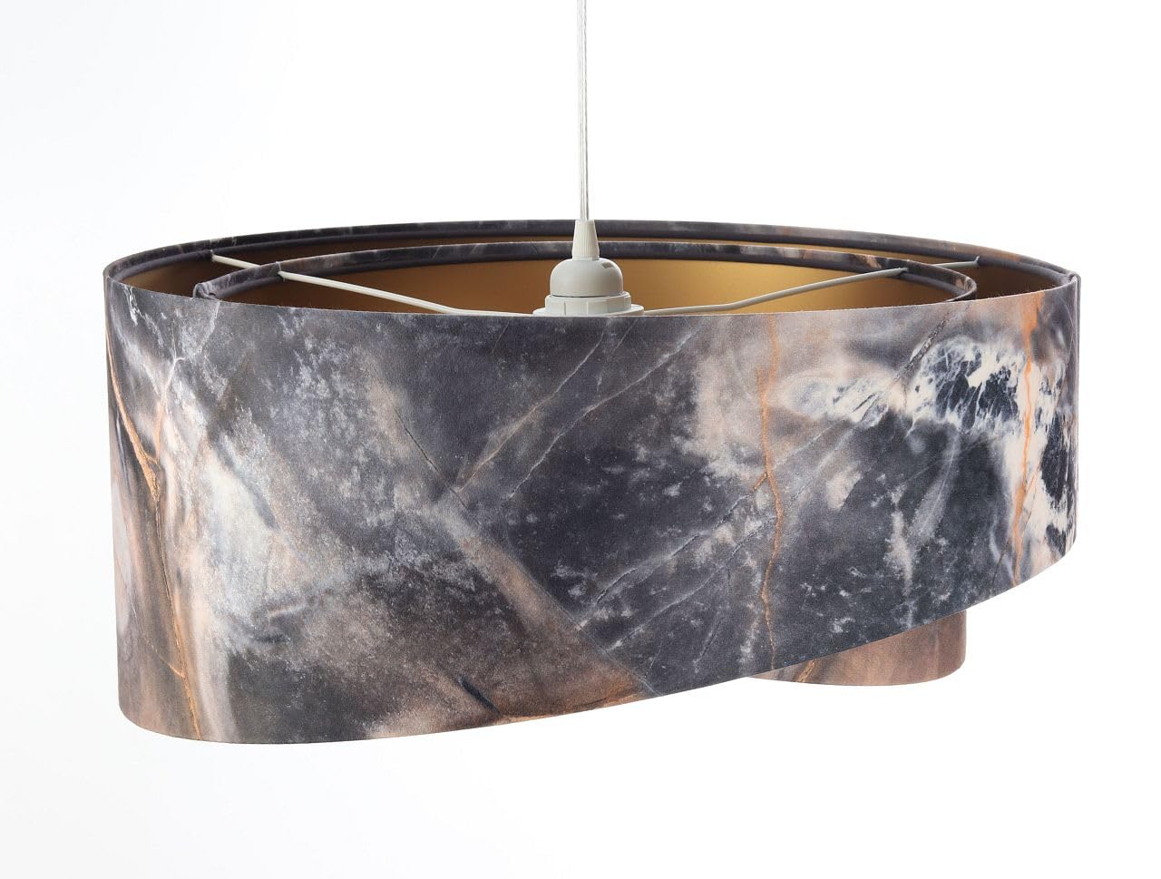 Licht-Erlebnisse Hängeleuchte E27 rund Ø 50 cm in Grau marmoriert Gold Doppelschirm Stoff Velours Optik Modern Pendelleuchte Wohnzimmer Hängelampe Esszimmer