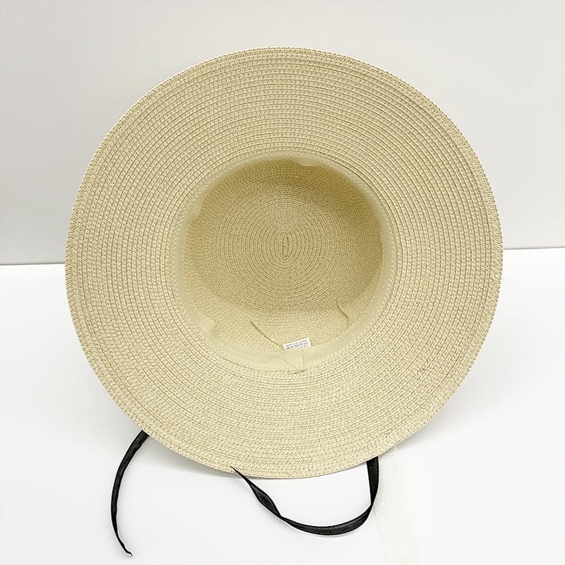 Sombrero de Paja de Verano para Mujer,Sombrero de Paja Tejido de ala Ancha con Protección UV y Lazo Floral de Encaje,Sombrero de Playa Transpirable para Exteriores,Viajes y Fiestas