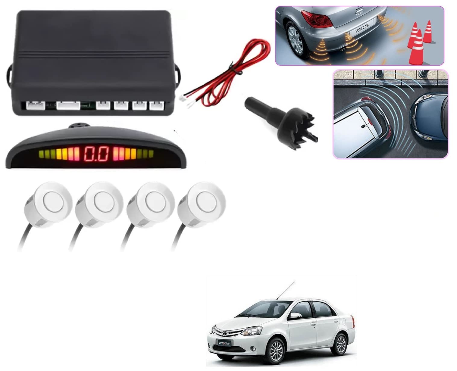 Auto Addict Car Reverse Parking Sensor with LED Display 4 Sensor Reverse Parking Auto Radar Detectors (White) for Toyota Etios-picture-36