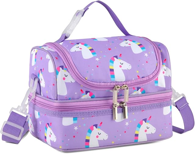 Lunch Bag for Girls, VASCHY Thermal Insulated Lunch Box Bag for Kids Double Decker Cooler Bags with Large Compartment and Shoulder Strap for School,Daycare,Kindergarten,Picnic(Unicorn)