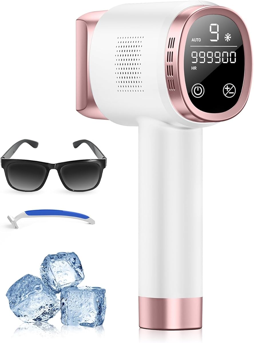 Epilatore Luce Pulsata con Funzione di Raffreddamento a Ghiaccio, Schermo LCD Touch,Modalità di Scorrimento Automatico, Epilatore a Luce Pulsata per Donne e Uomini,Viso, Ascelle, Bikini,Corpo, Rosa