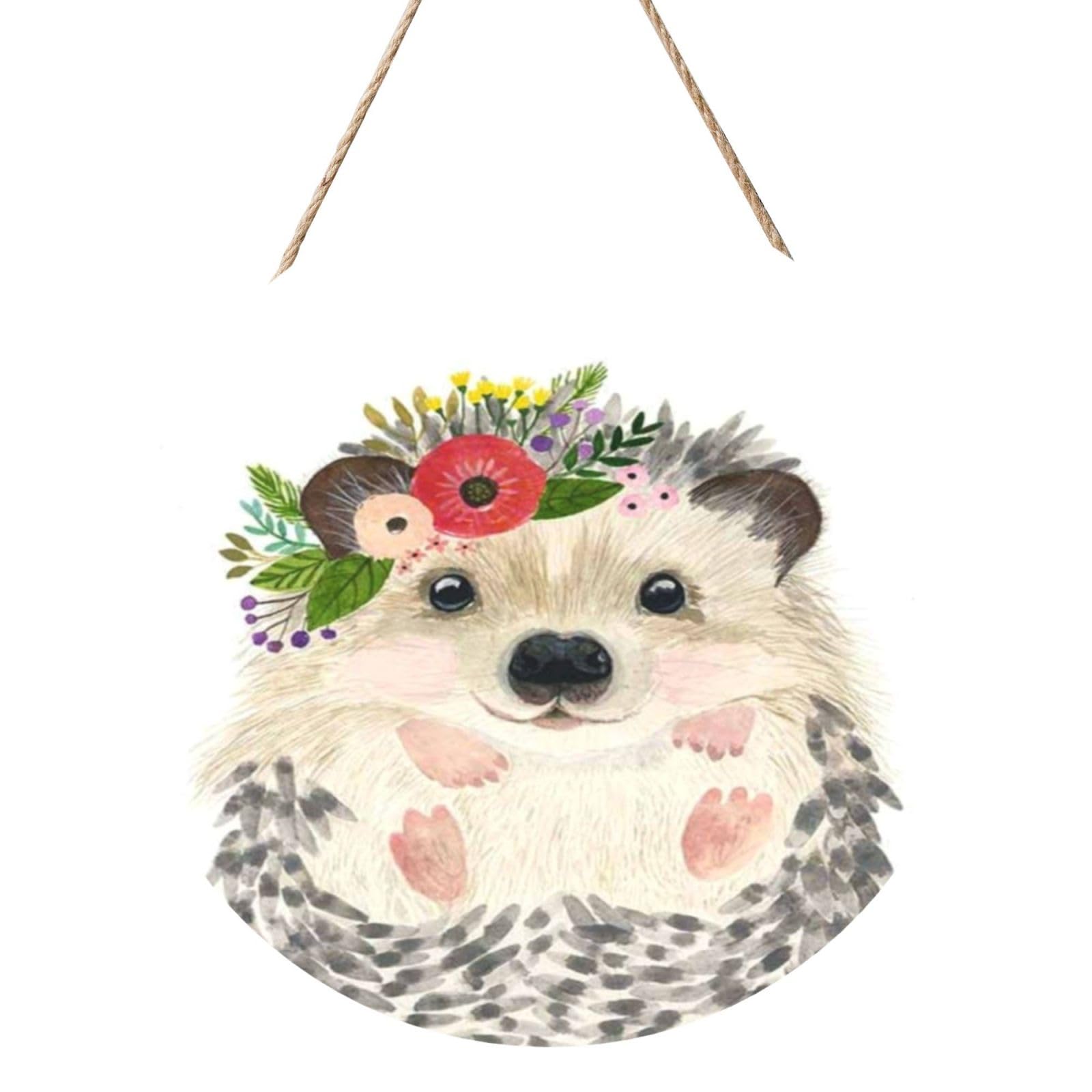 InOmak Watercolor Cute Animal Lovely Hedgehog, Round Wood Panel Painting 12 in, Wall Hanging Painting For Home