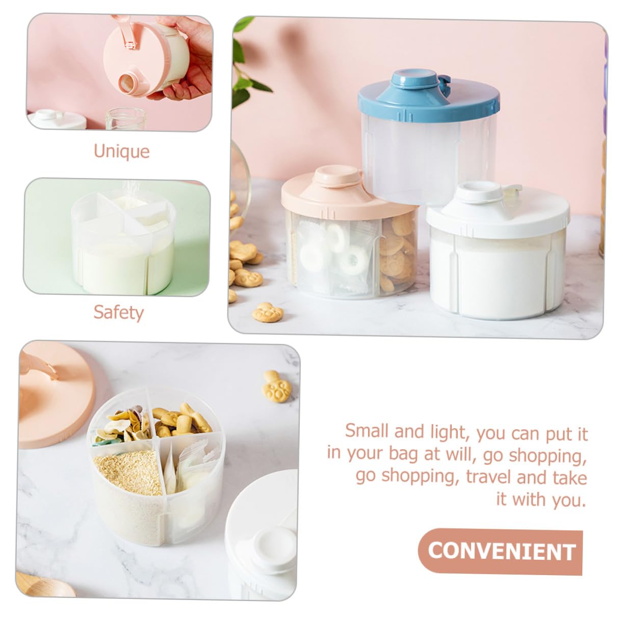 2pcs Rotating Milk Powder Containers with Compartments Portable Formula Dispensers for Travel Snack Storage Boxes in White and Pink and Easy to Clean