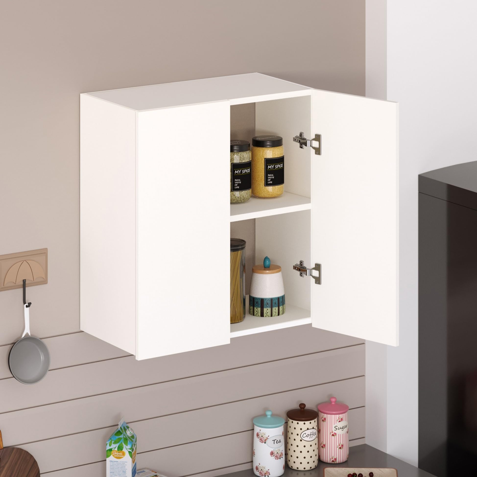 BLUEWUD Opryt Engineered Wood Kitchen Cabinet Rack, Wall Mounted Storage Cabinet for Kitchen Utensils, Jars, Spices, Space Saving Modular Cupboard for Home & Kitchen DIY (White) (63 x 33.2 x 70)-image-30