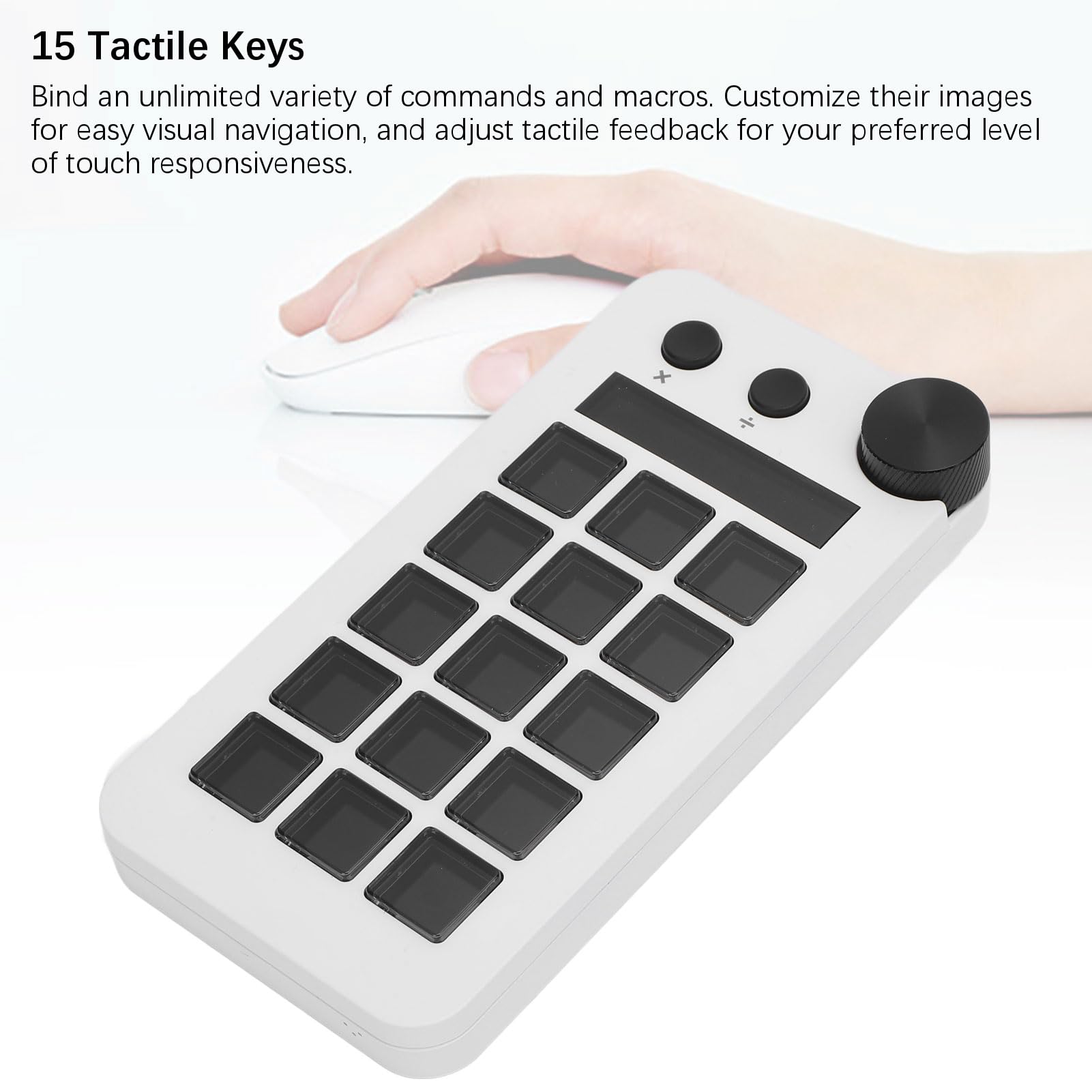 Controlador de Estudio con 15 Claves, Controlador de Transmisión con Perilla, Diseños Visuales Personalizables y Macros para Software de PC, Activando Acciones en Aplicaciones (BLACK) (WHITE)