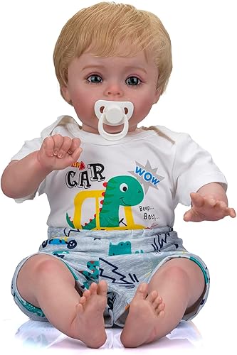 Muñecas de bebé Reborn realistas de 24 pulgadas con aspecto real de silicona realista con ojos azules, cabello rubio, cuerpo suave, muñeca pesada,