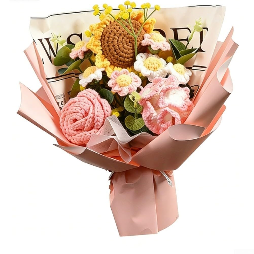 TVANTRUXIS Hand Woven Artificial Flowers, Handmade Crochet Flower Bouquet Multicolor 27x35cm(Pink)