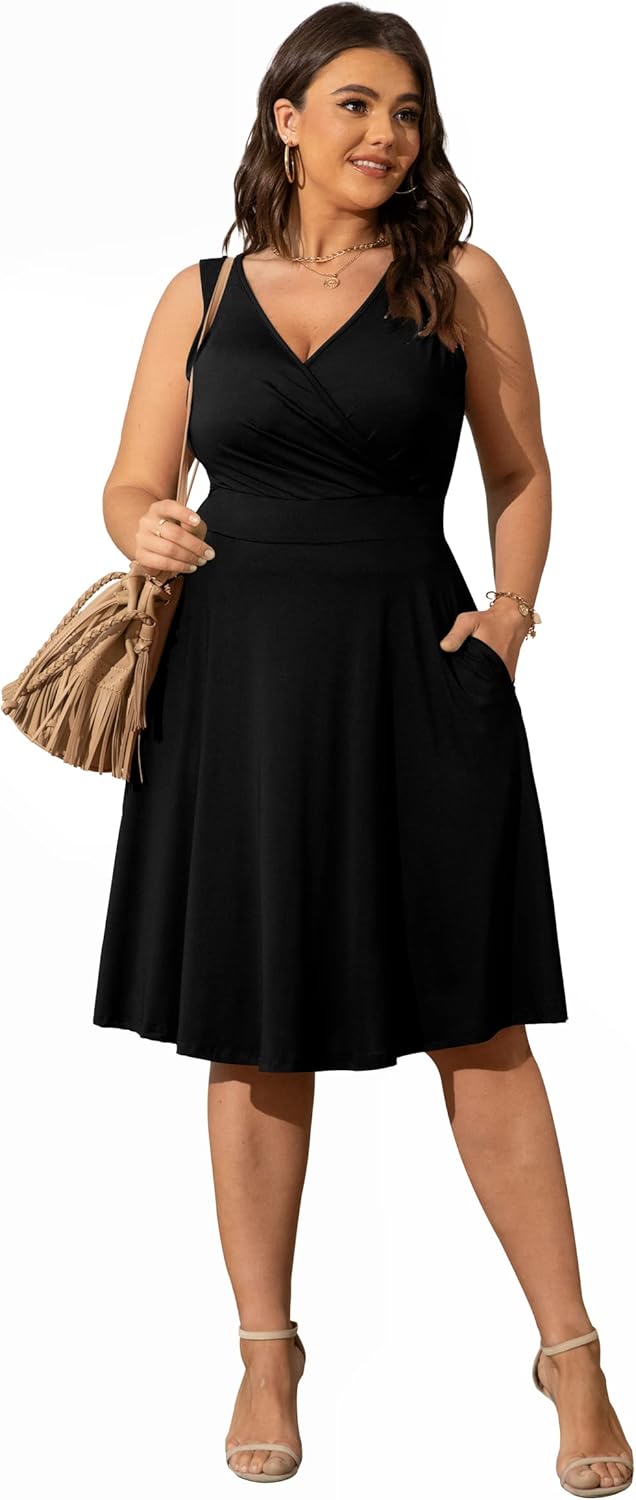 POSESHE Womens Plus Size Dresses Sleeveless Wrap V-Neck Sundress Casual Summer Wedding Guest Cocktail Dress with Pockets - Image 2