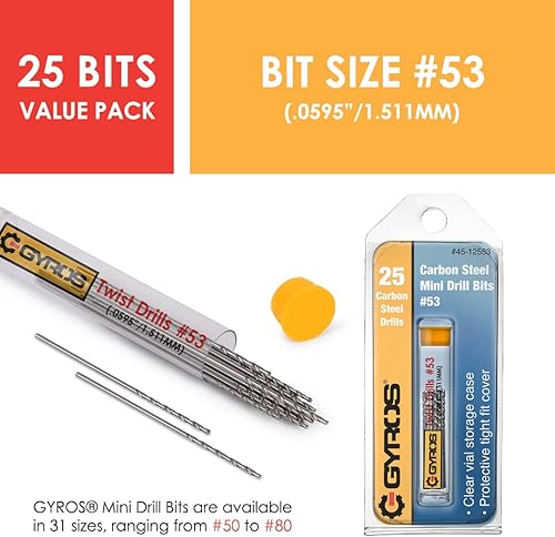Miniatura 4 de Gyros Mini brocas helicoidales de calibre de alambre de acero al carbono, incluye 12 brocas de acero al carbono, tamaño #53 con vial de