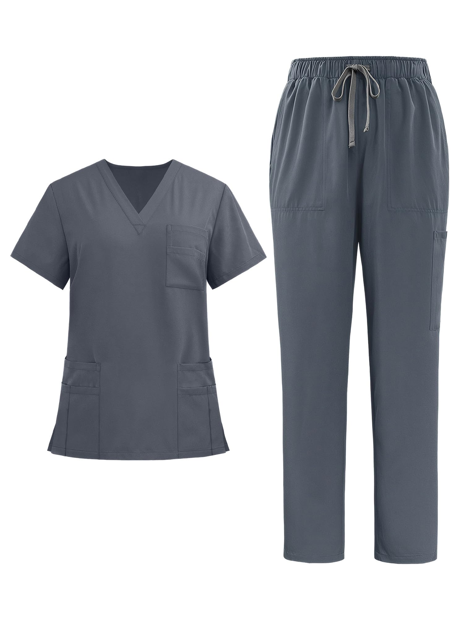 Ausing Women Scrub Set 12 Pockets Solid Stretch Scrubs Set Nurse Medical Uniform Workwear Mock Wrap Top and Straight-Leg