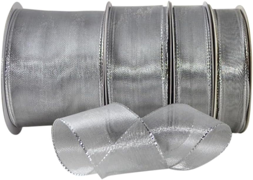 Ribbon Bazaar Wired Shimmering Metallic Sheer - Silver 2-1/2" 25yd Spool