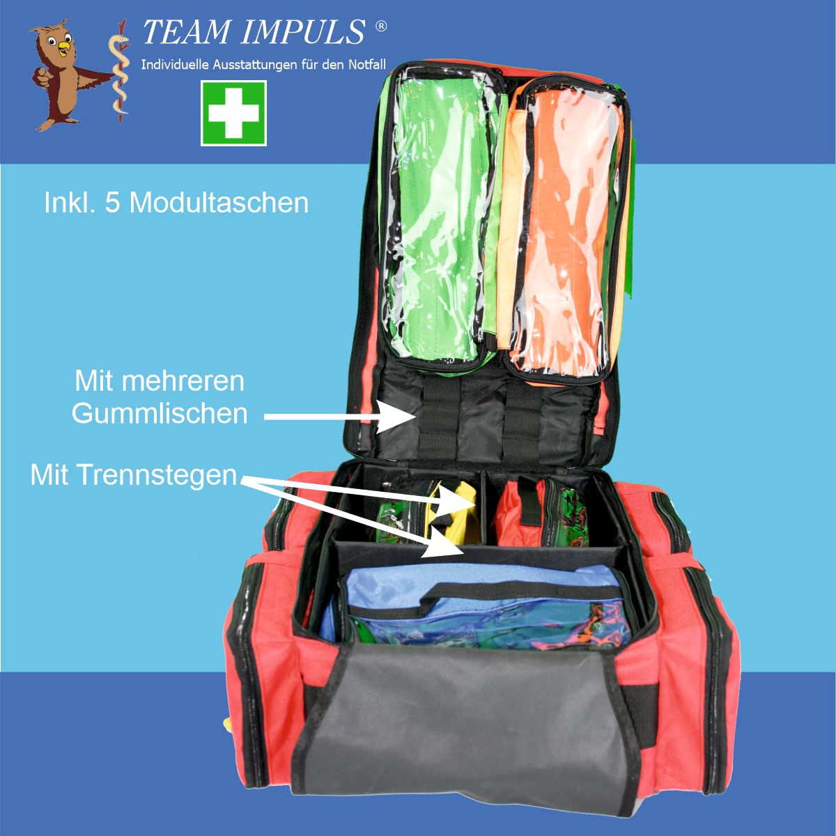 Team Impuls - Notfallrucksack - rot - Nylon - LEER - mit 4 Außentaschen - Gr. M
