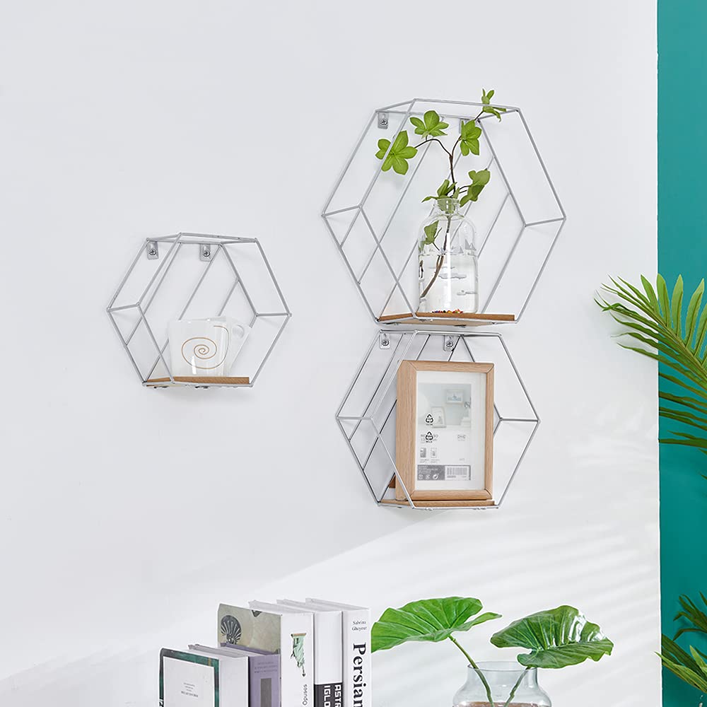 Wall Mounted Floating Shelf Set of 3, Metal Wall Shelf Display Racks Organizer for Living Room Bedroom Bathroom Kitchen, Rustic Hanging Shelf, Hexagonal Home Office Storage Decorative Shelves, Silver